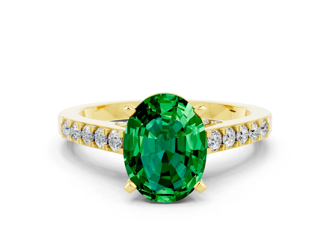 Yellow gold Oval Cut Diamond Solitaire Ring with Pavé Band and Prong Setting