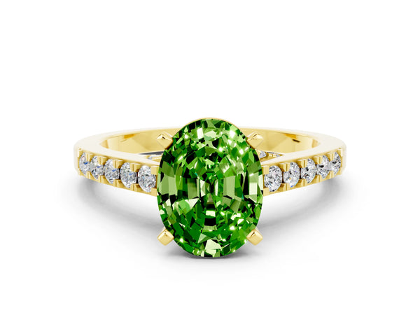 Yellow gold Oval Cut Peridot Solitaire Ring with Crossover Gallery and Round  Pavé Band