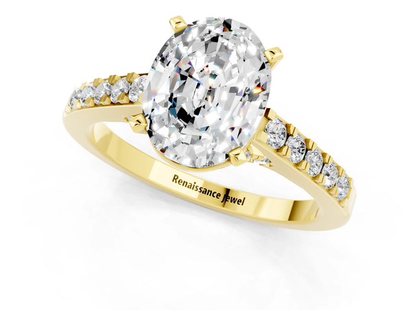 Yellow gold Oval Cut Moissanite Solitaire Ring with Crossover Gallery and Round  Pavé Band