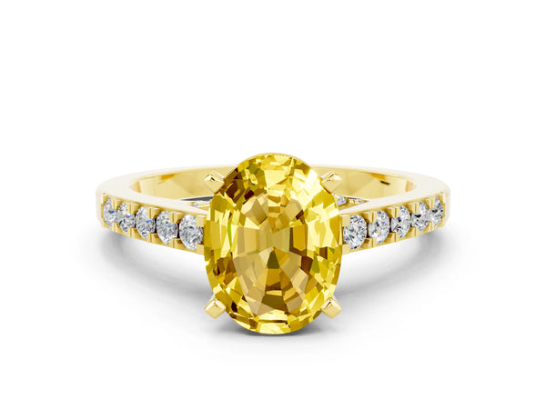 Yellow gold Oval Cut Yellow Sapphire Solitaire Ring with Crossover Gallery and Round  Pavé Band