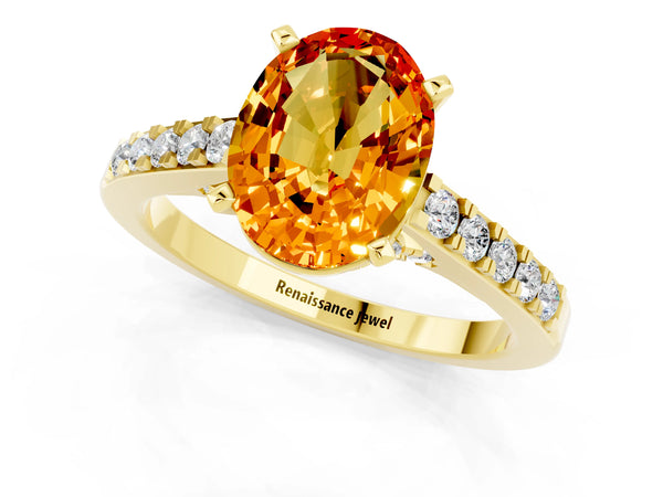 Yellow gold Oval Cut Citrine Solitaire Ring with Crossover Gallery and Round  Pavé Band