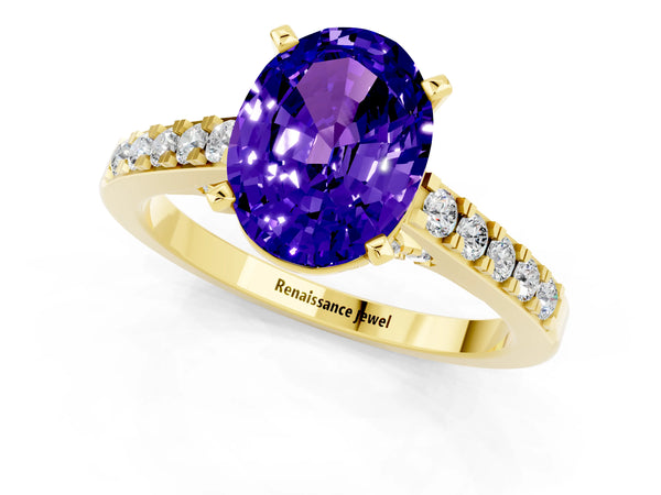 Yellow gold Oval Cut Tanzanite Solitaire Ring with Crossover Gallery and Round  Pavé Band
