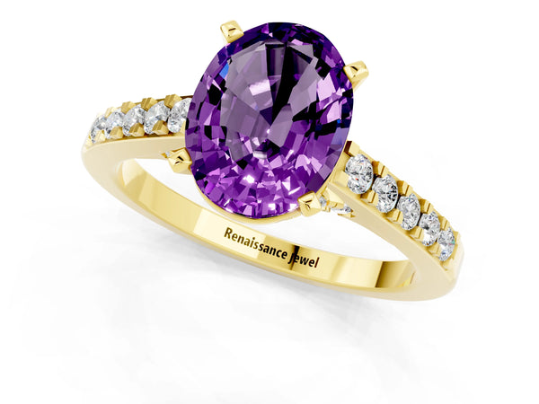 Yellow gold Oval Cut Amethyst Solitaire Ring with Crossover Gallery and Round  Pavé Band
