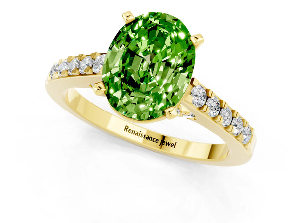 Yellow gold Oval Cut Peridot Solitaire Ring with Crossover Gallery and Round  Pavé Band