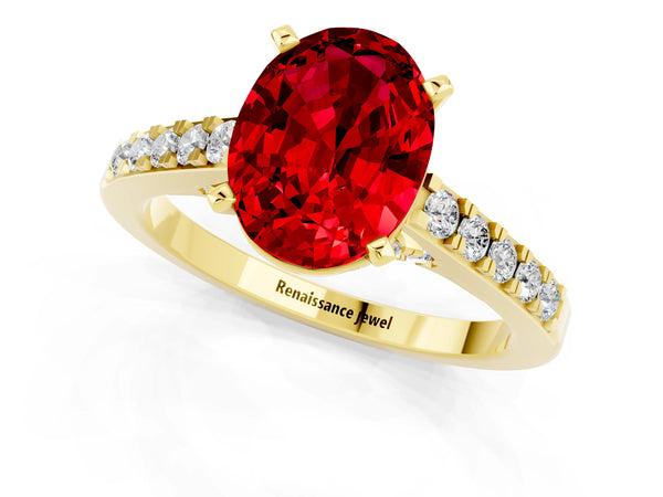 Yellow gold Oval Cut Ruby Solitaire Ring with Crossover Gallery and Round  Pavé Band