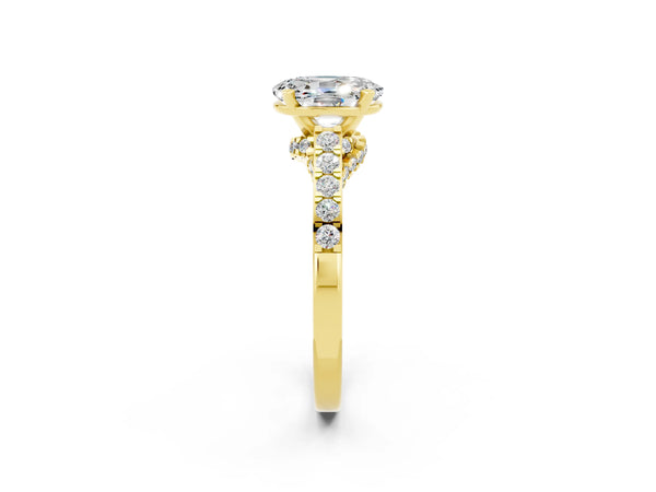 Yellow gold Oval Cut Moissanite Solitaire Ring with Crossover Gallery and Round  Pavé Band