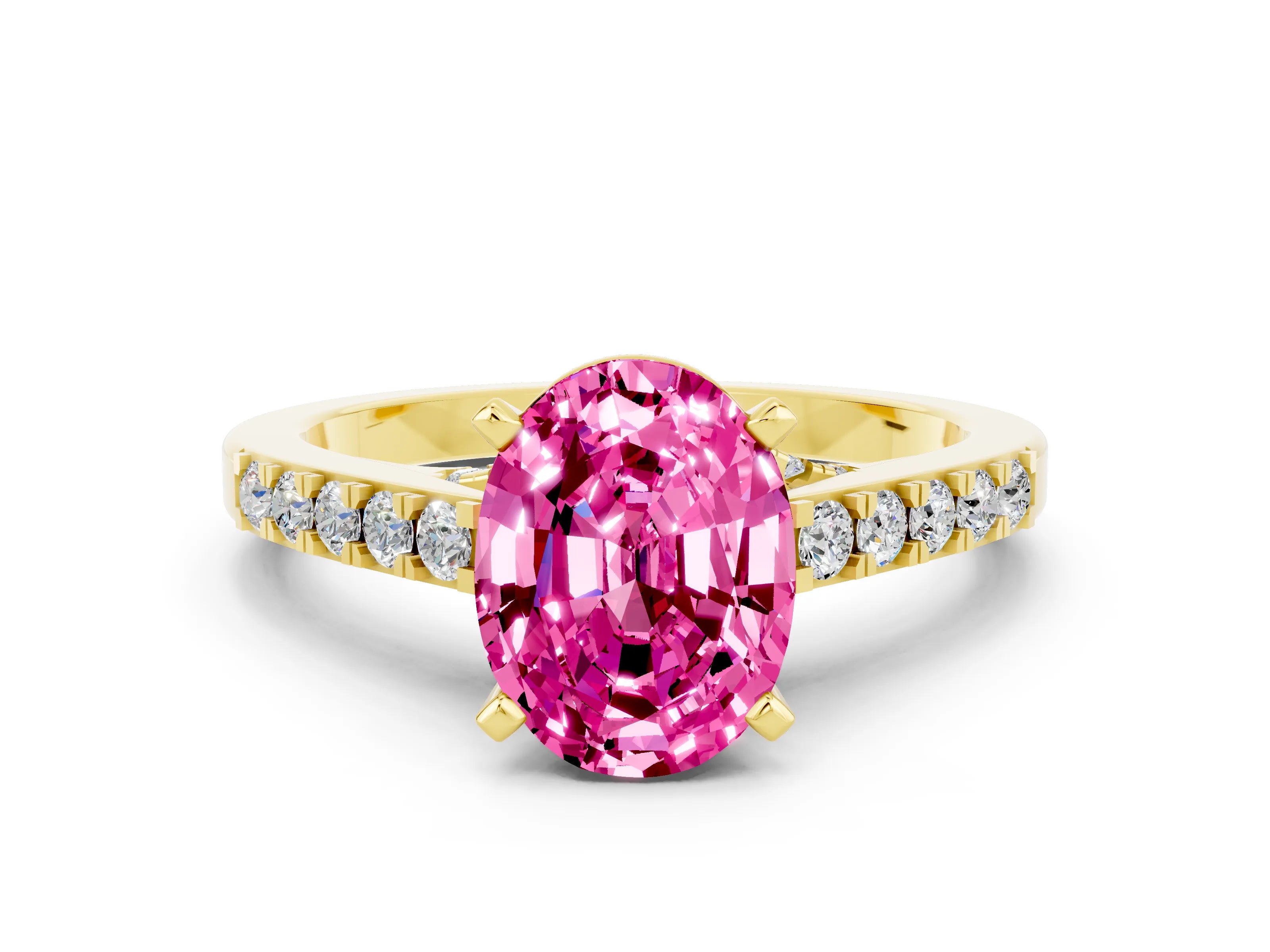 Yellow gold Oval Cut Diamond Solitaire Ring with Pavé Band and Prong Setting