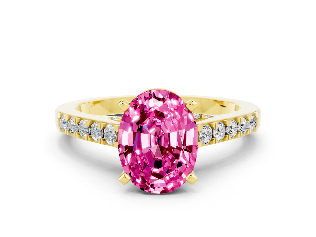 Yellow gold Oval Cut Diamond Solitaire Ring with Pavé Band and Prong Setting