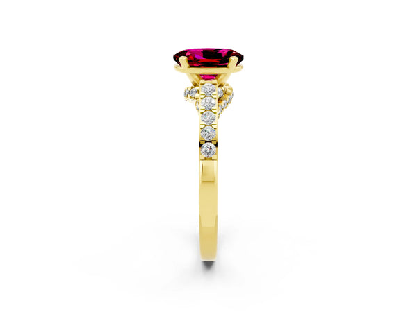 Yellow gold Oval Cut Garnet Solitaire Ring with Crossover Gallery and Round  Pavé Band