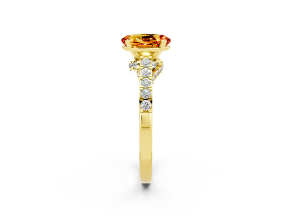 Yellow gold Oval Cut Citrine Solitaire Ring with Crossover Gallery and Round  Pavé Band