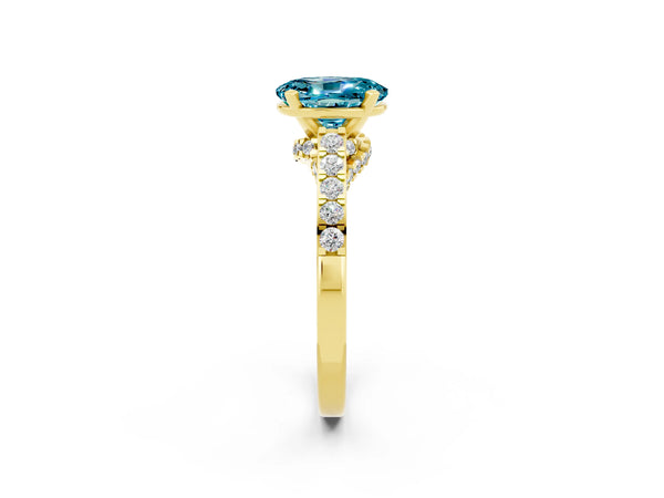 Yellow gold Oval Cut Blue Topaz Solitaire Ring with Crossover Gallery and Round  Pavé Band