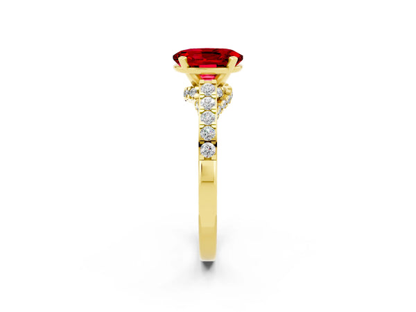Yellow gold Oval Cut Ruby Solitaire Ring with Crossover Gallery and Round  Pavé Band