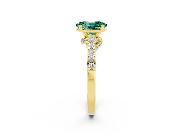 Yellow gold Oval Cut Green Sapphire Solitaire Ring with Crossover Gallery and Round  Pavé Band