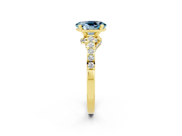 Yellow gold Oval Cut Aquamarine Solitaire Ring with Crossover Gallery and Round  Pavé Band