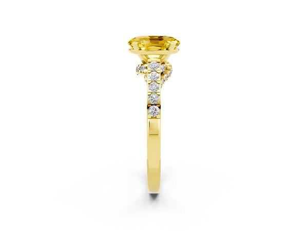 Yellow gold Oval Cut Yellow Sapphire Solitaire Ring with Crossover Gallery and Round  Pavé Band