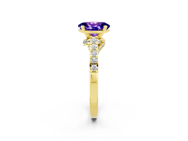 Yellow gold Oval Cut Tanzanite Solitaire Ring with Crossover Gallery and Round  Pavé Band