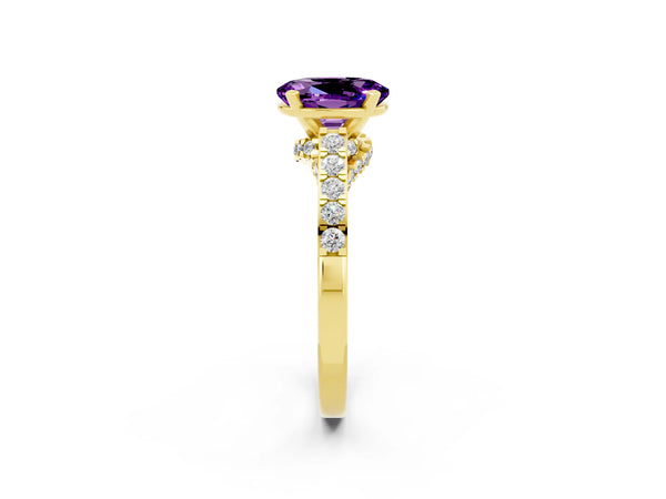 Yellow gold Oval Cut Amethyst Solitaire Ring with Crossover Gallery and Round  Pavé Band