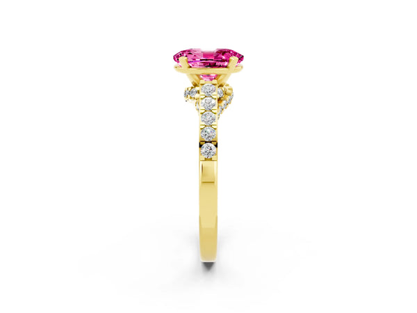 Yellow gold Oval Cut Pink Sapphire Solitaire Ring with Crossover Gallery and Round  Pavé Band