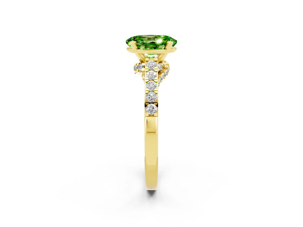 Yellow gold Oval Cut Peridot Solitaire Ring with Crossover Gallery and Round  Pavé Band