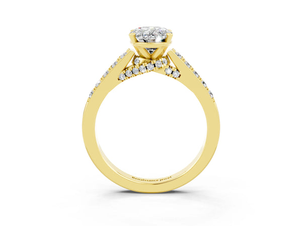 Yellow gold Oval Cut Moissanite Solitaire Ring with Crossover Gallery and Round  Pavé Band
