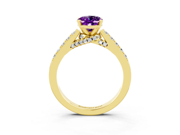 Yellow gold Oval Cut Amethyst Solitaire Ring with Crossover Gallery and Round  Pavé Band