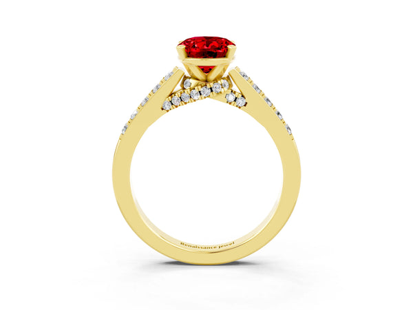 Yellow gold Oval Cut Ruby Solitaire Ring with Crossover Gallery and Round  Pavé Band