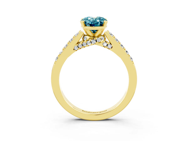 Yellow gold Oval Cut Blue Topaz Solitaire Ring with Crossover Gallery and Round  Pavé Band