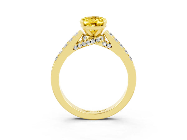 Yellow gold Oval Cut Yellow Sapphire Solitaire Ring with Crossover Gallery and Round  Pavé Band