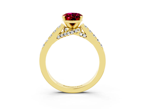 Yellow gold Oval Cut Garnet Solitaire Ring with Crossover Gallery and Round  Pavé Band