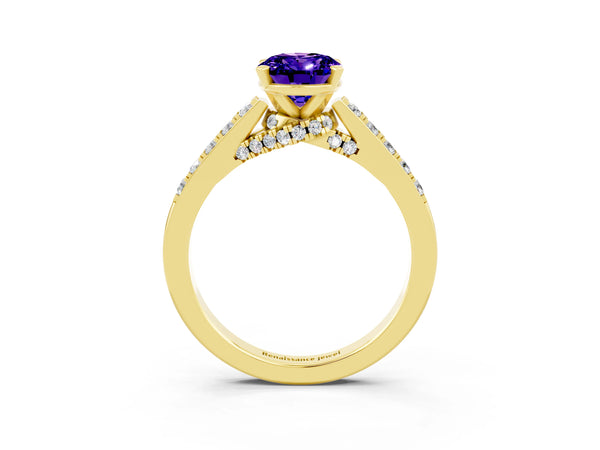Yellow gold Oval Cut Tanzanite Solitaire Ring with Crossover Gallery and Round  Pavé Band
