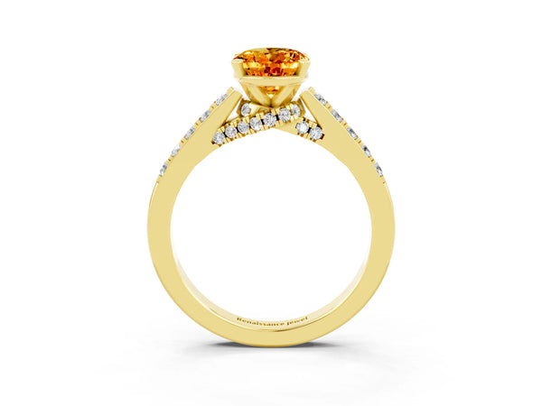 Yellow gold Oval Cut Citrine Solitaire Ring with Crossover Gallery and Round  Pavé Band