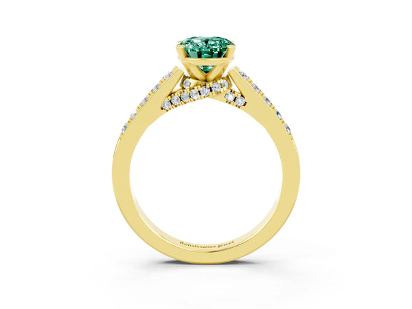 Yellow gold Oval Cut Green Sapphire Solitaire Ring with Crossover Gallery and Round  Pavé Band