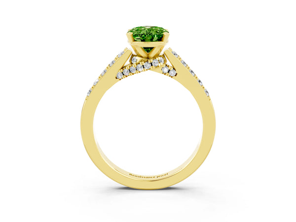 Yellow gold Oval Cut Peridot Solitaire Ring with Crossover Gallery and Round  Pavé Band