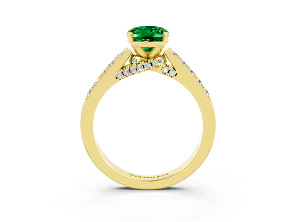 Yellow gold Oval Cut Emerald Solitaire Ring with Crossover Gallery and Round  Pavé Band