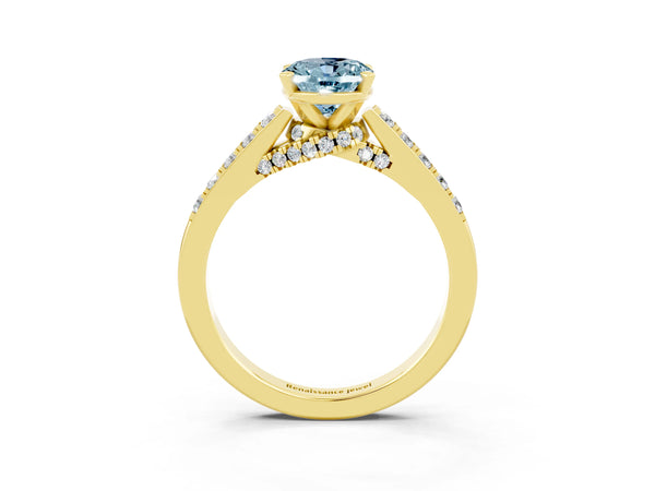 Yellow gold Oval Cut Aquamarine Solitaire Ring with Crossover Gallery and Round  Pavé Band