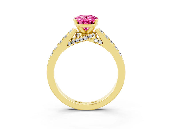 Yellow gold Oval Cut Pink Sapphire Solitaire Ring with Crossover Gallery and Round  Pavé Band