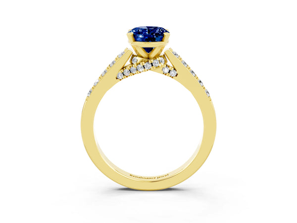 Yellow gold Oval Cut Blue Sapphire Solitaire Ring with Crossover Gallery and Round  Pavé Band