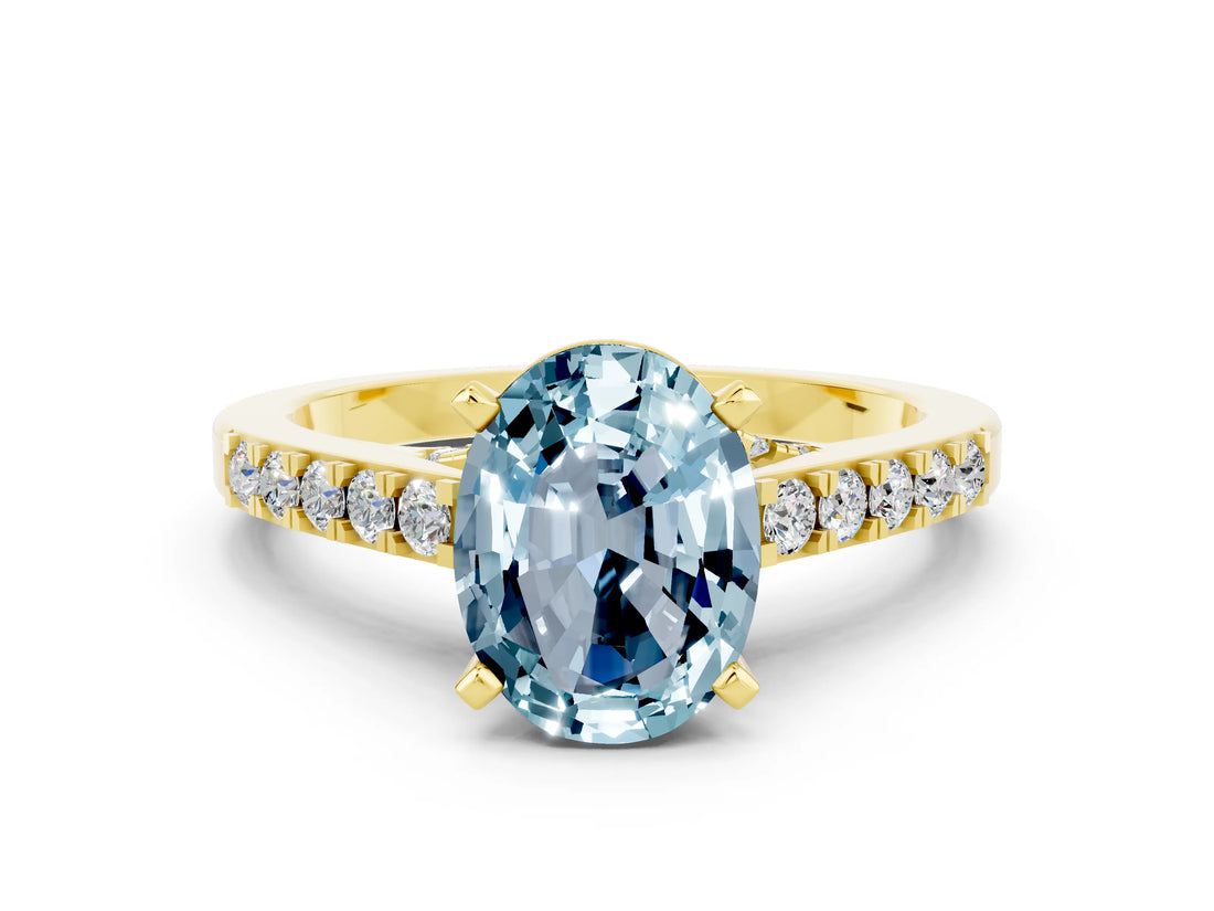 Yellow gold Oval Cut Diamond Solitaire Ring with Pavé Band and Prong Setting