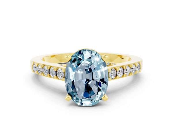 Yellow gold Oval Cut Aquamarine Solitaire Ring with Crossover Gallery and Round  Pavé Band