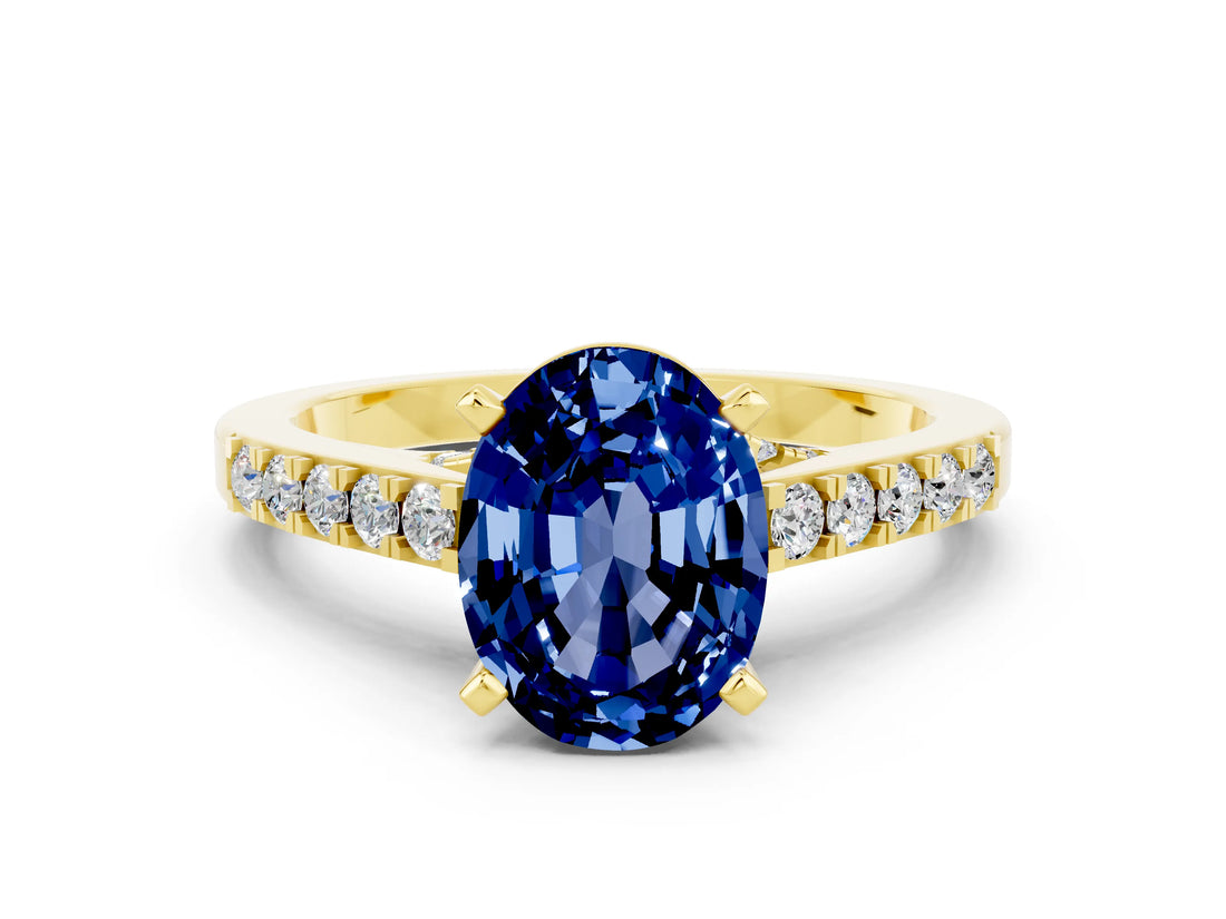 Yellow gold Oval Cut Diamond Solitaire Ring with Pavé Band and Prong Setting