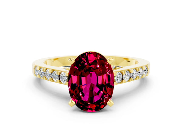 Yellow gold Oval Cut Garnet Solitaire Ring with Crossover Gallery and Round  Pavé Band