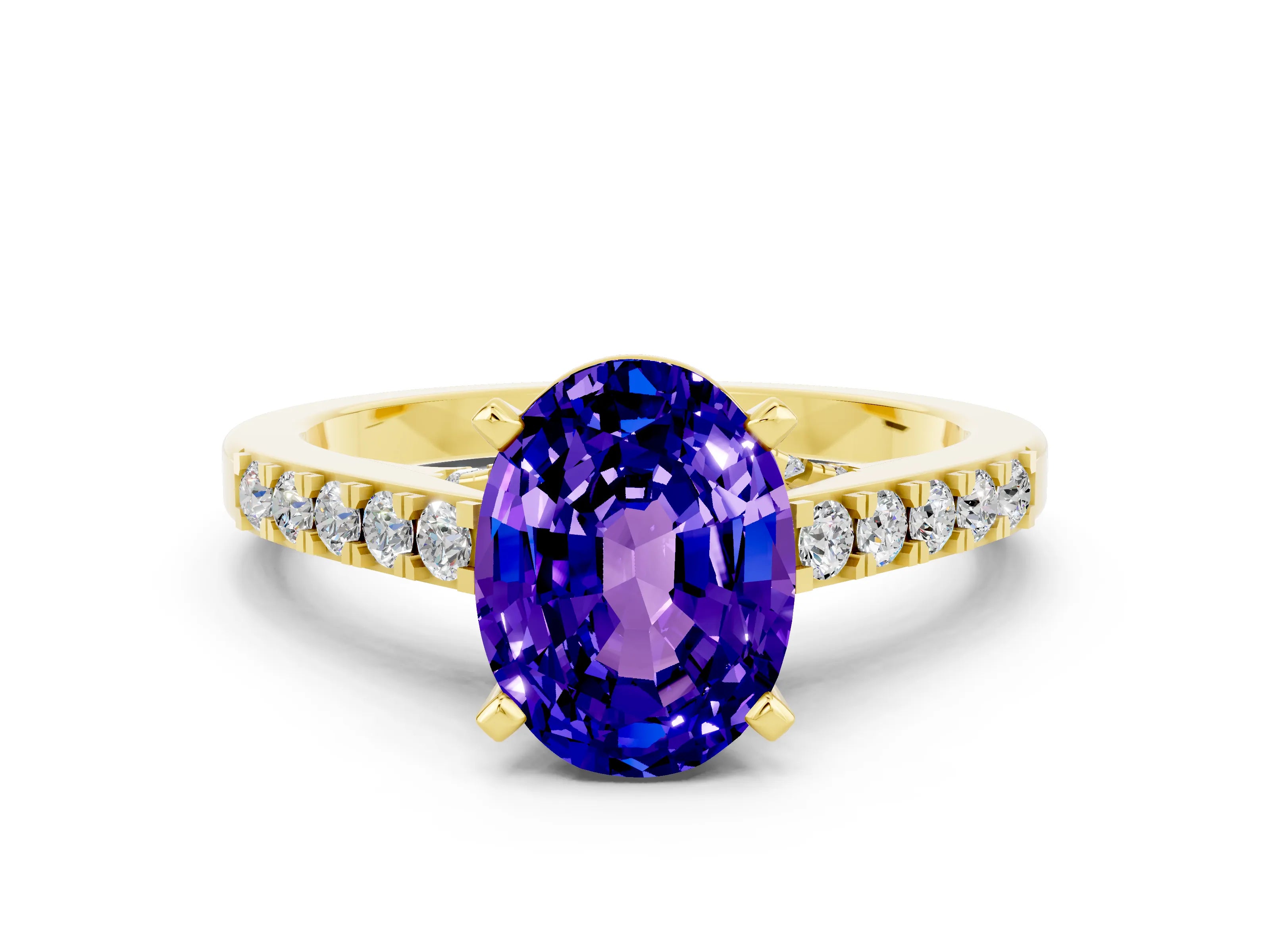 Yellow gold Oval Cut Diamond Solitaire Ring with Pavé Band and Prong Setting