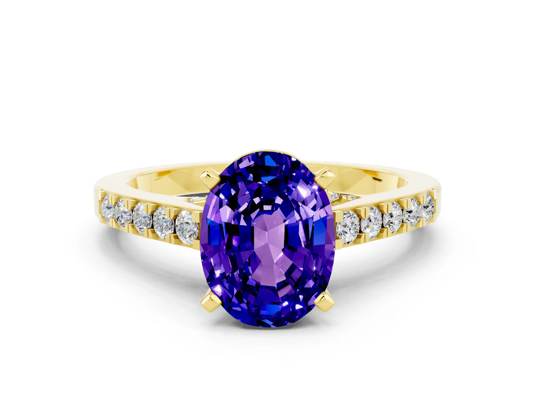 Yellow gold Oval Cut Diamond Solitaire Ring with Pavé Band and Prong Setting
