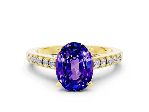 Yellow gold Oval Cut Tanzanite Solitaire Ring with Crossover Gallery and Round  Pavé Band