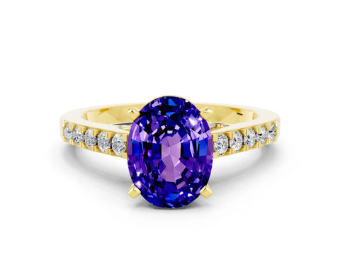 Yellow gold Oval Cut Diamond Solitaire Ring with Pavé Band and Prong Setting