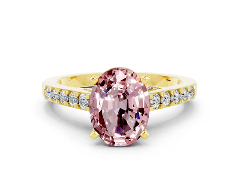 Yellow gold Oval Cut Diamond Solitaire Ring with Pavé Band and Prong Setting