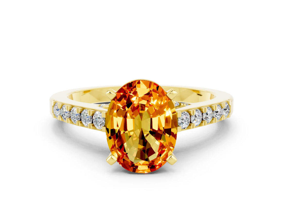 Yellow gold Oval Cut Diamond Solitaire Ring with Pavé Band and Prong Setting