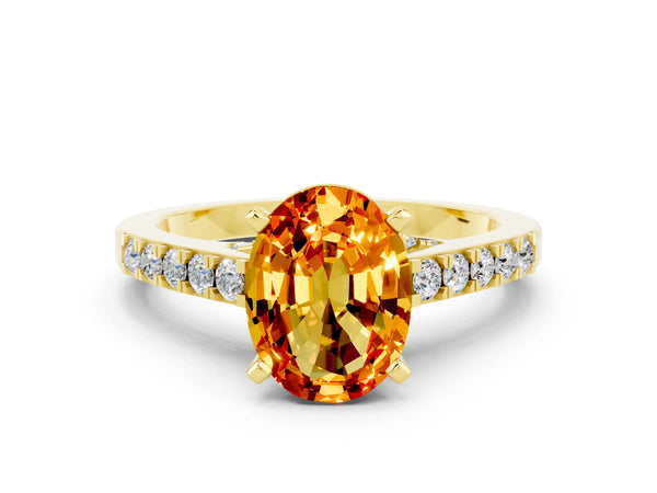 Yellow gold Oval Cut Citrine Solitaire Ring with Crossover Gallery and Round  Pavé Band