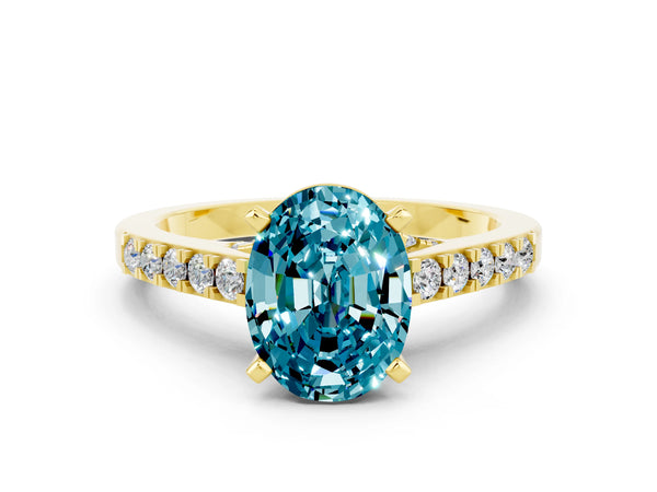 Yellow gold Oval Cut Blue Topaz Solitaire Ring with Crossover Gallery and Round  Pavé Band