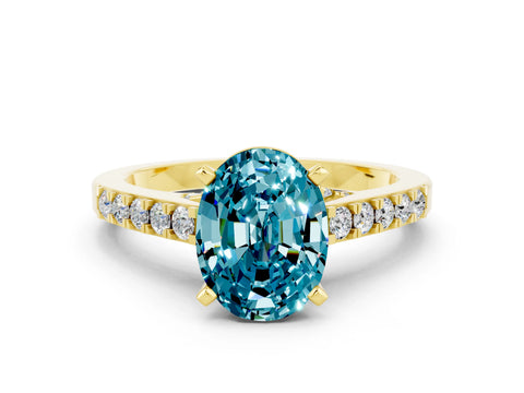 Yellow gold Oval Cut Diamond Solitaire Ring with Pavé Band and Prong Setting